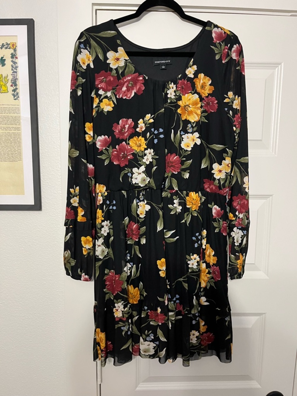 Black Floral Long-Sleeve Tiered Dress with Red & Yellow Blooms